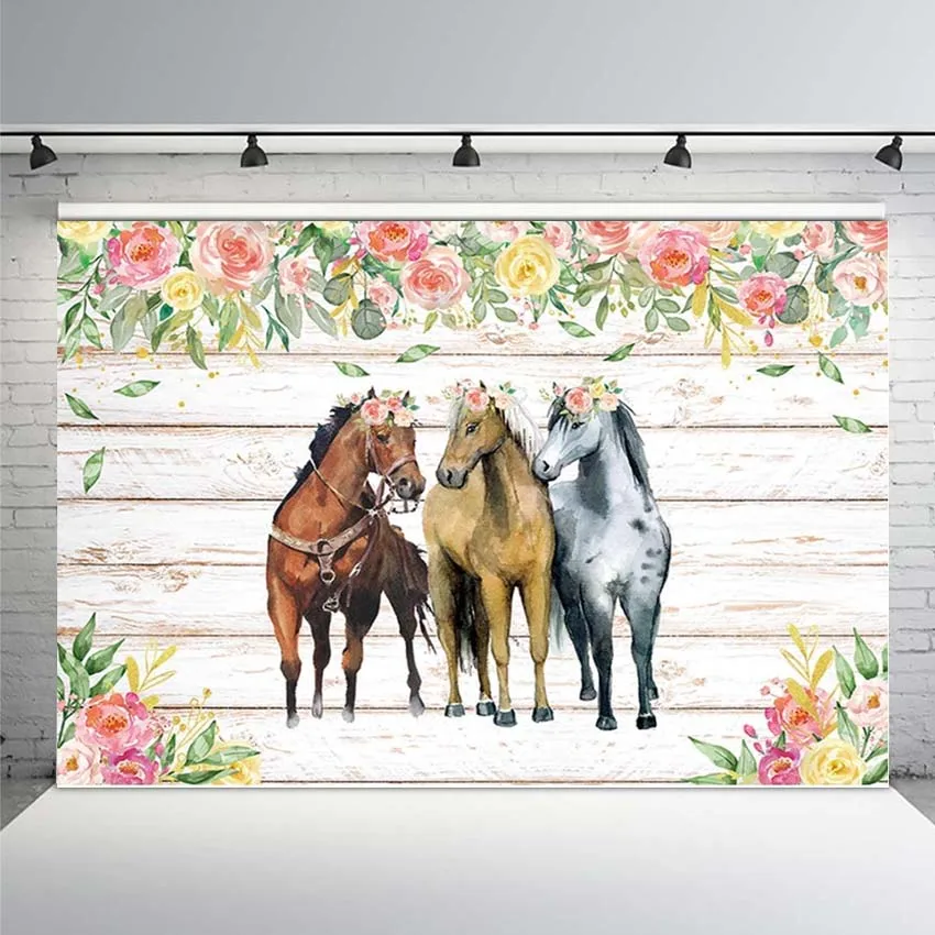 

Horse Party Backdrop Cowboy Cowgirl Backdrops for Photography Green Leaf Flower Birthday Party Backdrop White Wood Horse Banner