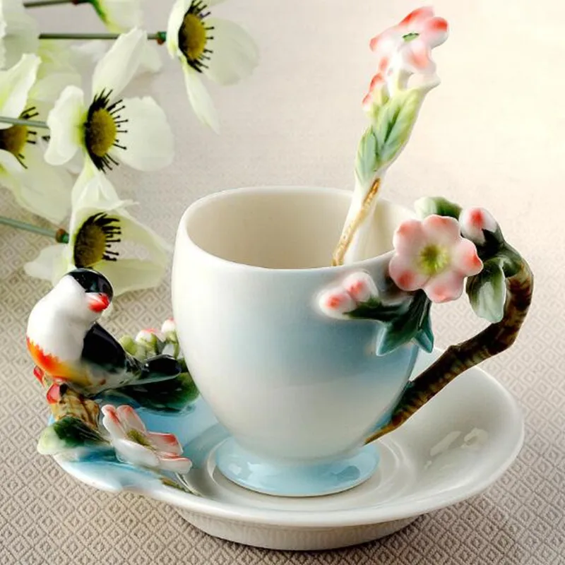 Ceramic Cup Magpies Plum Blossom Enamel color Coffee Cup with Saucer and Spoon European Creative Tea cups tea cup set