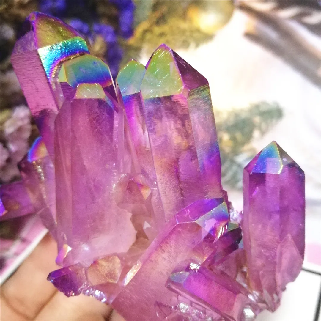 

Natural purple angel aura quartz crystal cluster Titanium quartz cluster electroplating stone Healing Gift Home Decoration