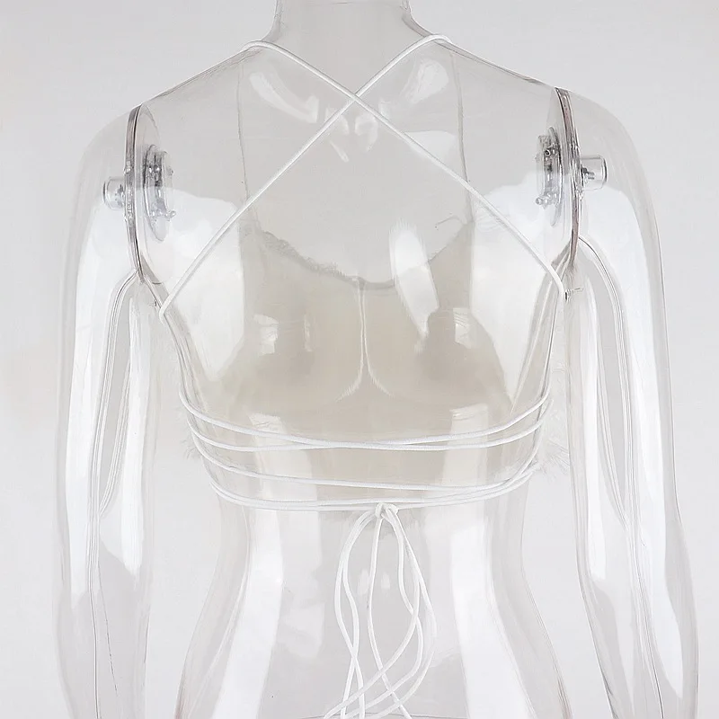 

OneLineFox Fluffy Tank Top Women Sexy Backless Tie Up Spaghetti Straps V Neck Crop Top Casual Bustier Fashion Club Party Wear