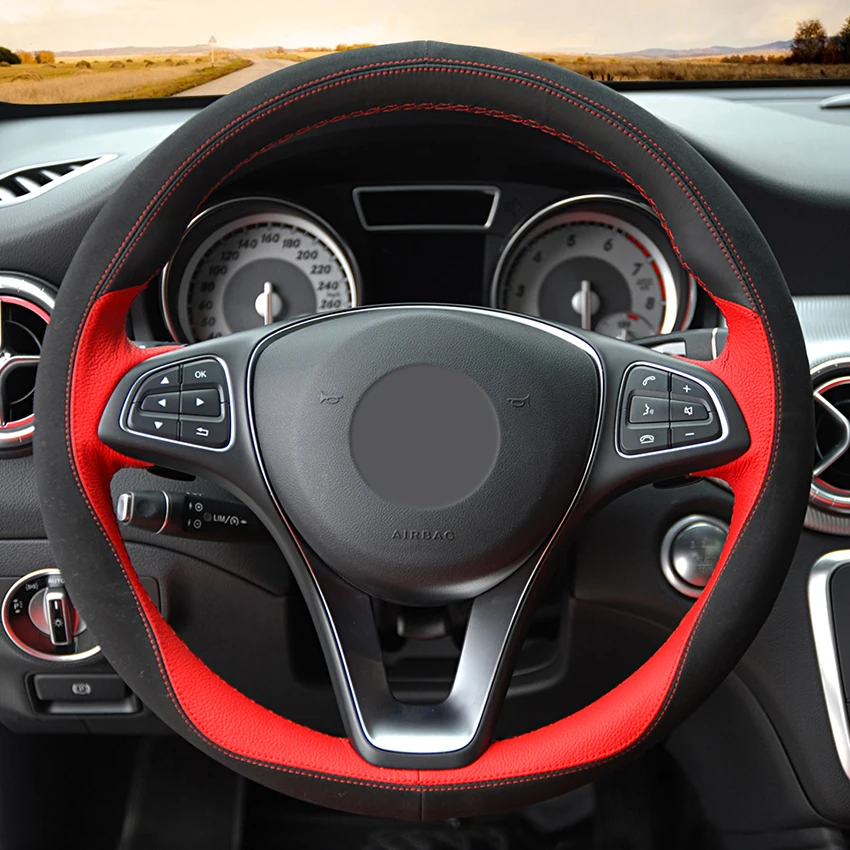 Черная замша красный кожаный чехол рулевого колеса автомобиля для Mercedes Benz C180 C200