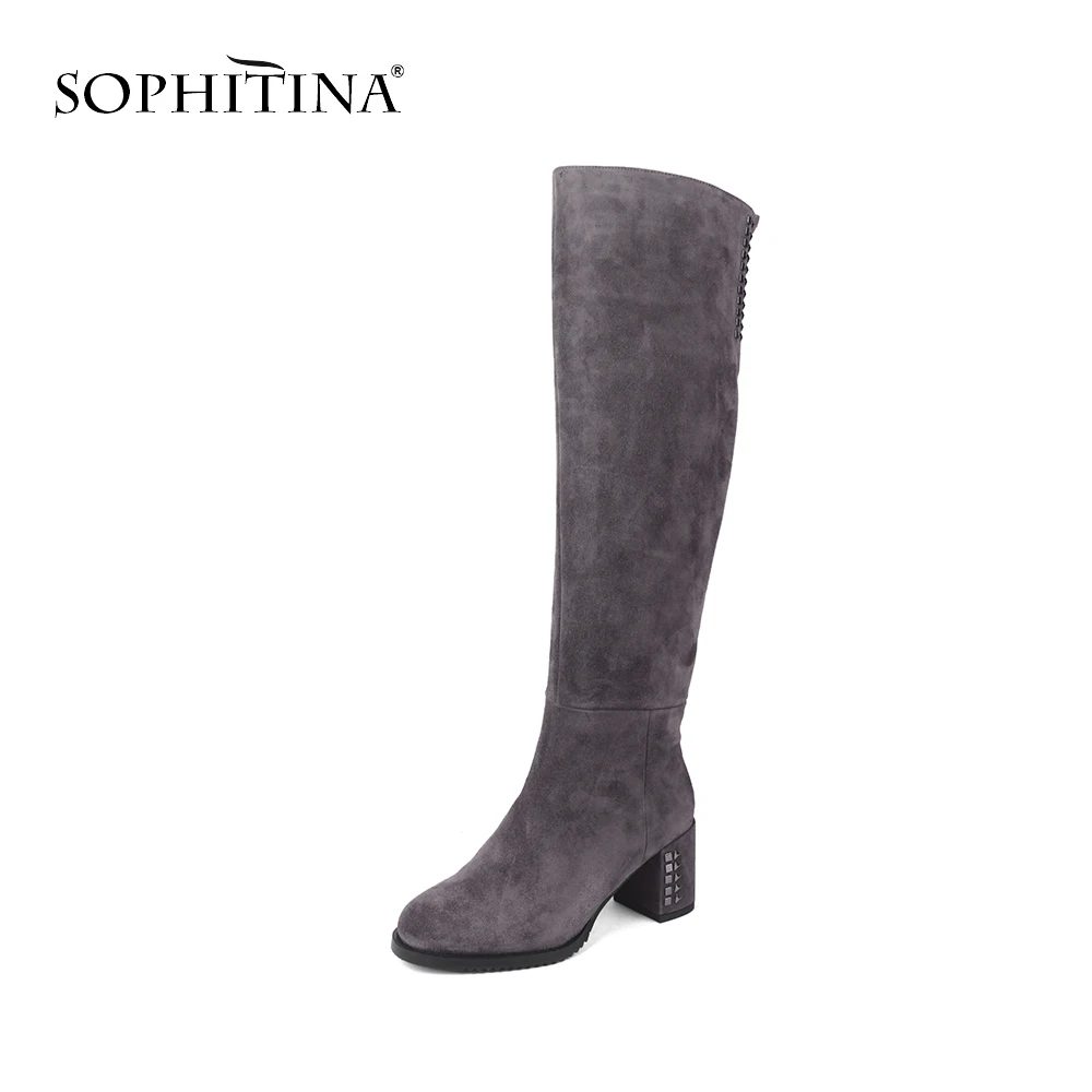 SOPHITINA Brand Boots Woman Handmade Round Toe Square High Heel Winter Boots Kid Suede Knee High Wool Fur Shoes SC206