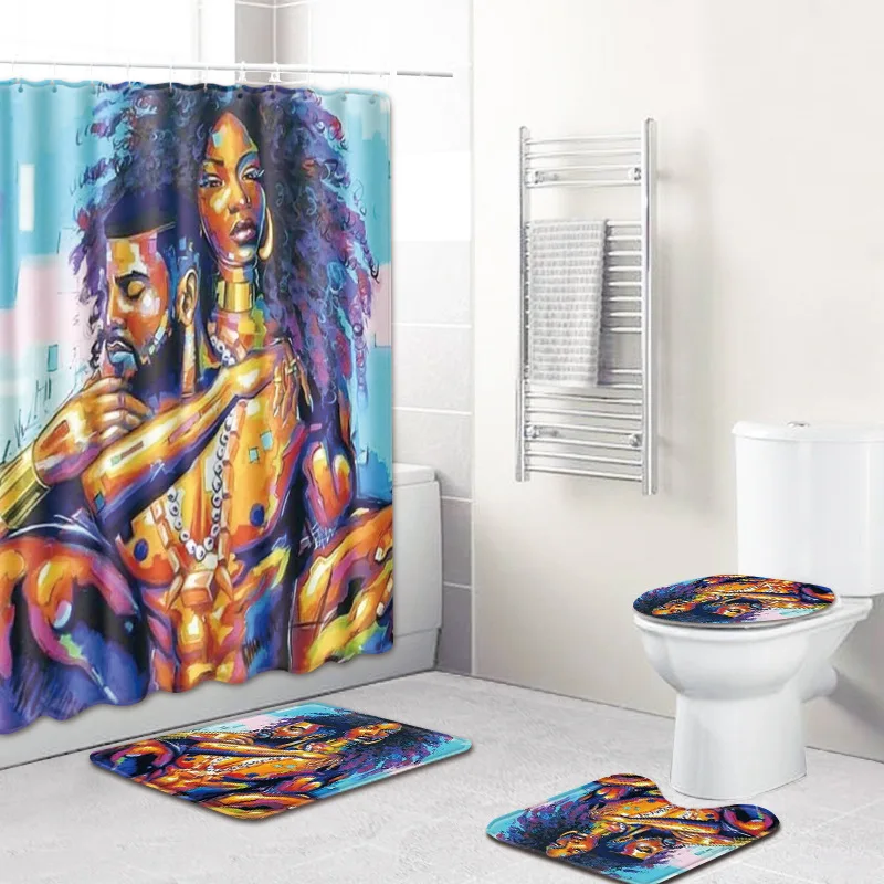 

African American Women And Man Theme Bathroom Set With Waterproof Shower Curtain And Non-Slip Rugs Toilet Lid Cover And Bath Mat