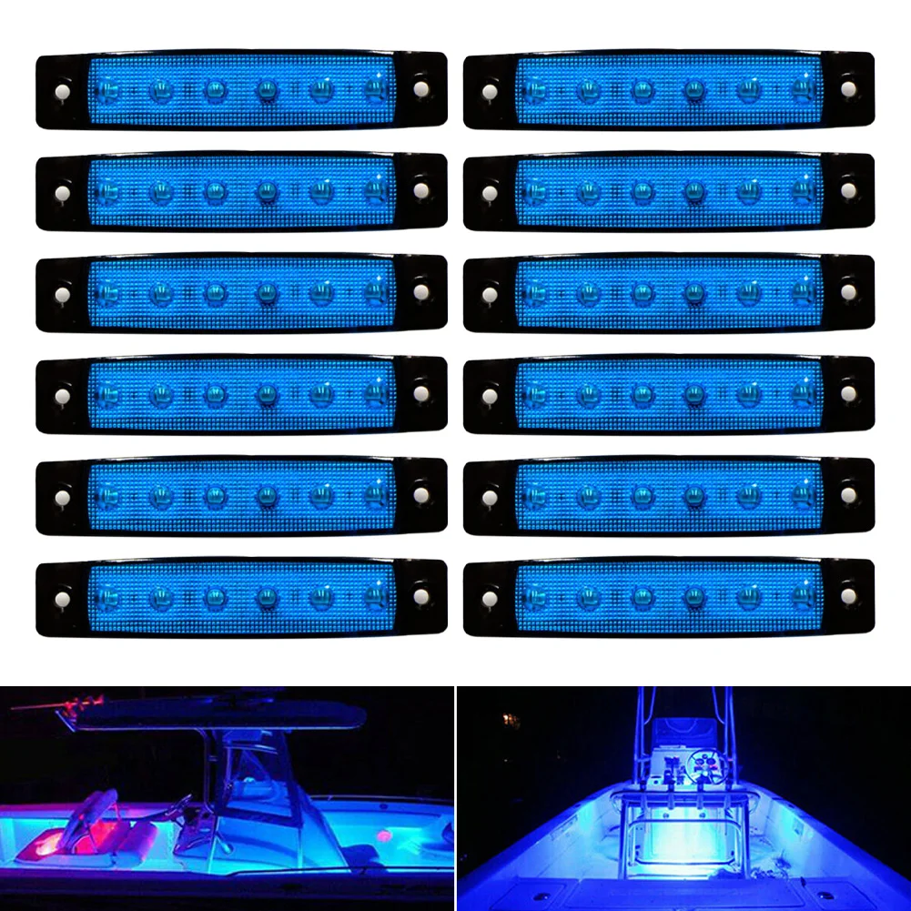 

12Pcs 12V 6 LED Marine Boat Lamp Waterproof Cabin Deck Courtesy Light Stern Transom Lights Blue For Boat Pontoon Yacht Kayak