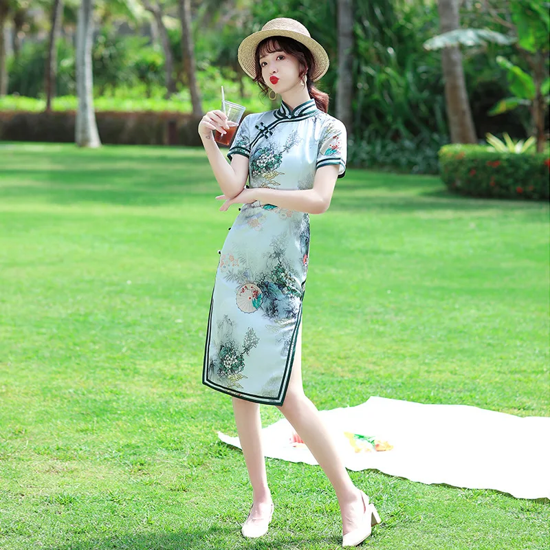 

Женское атласное платье-Ципао на пуговицах, с цветочным принтом