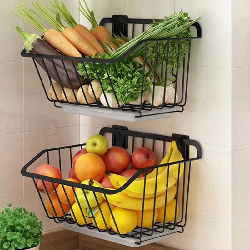 

Kitchen Wall Hanging Storage Basket Fruit Vegetable Spice Rack with Drain Organizer Dish Drying Shelf Container