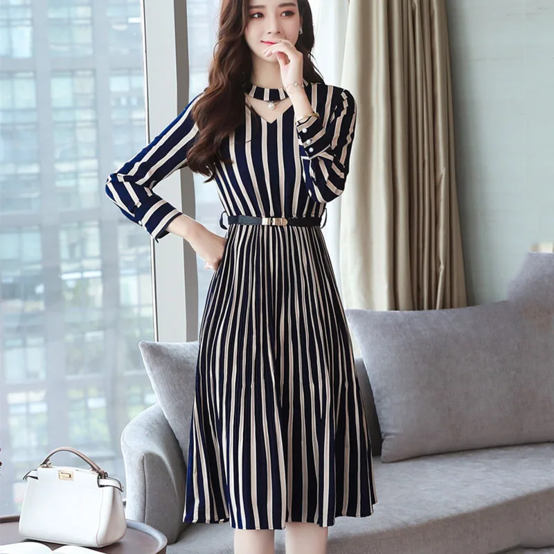 Новинка 2019 весенне-осеннее корейское винтажное платье в полоску v-образный вырез