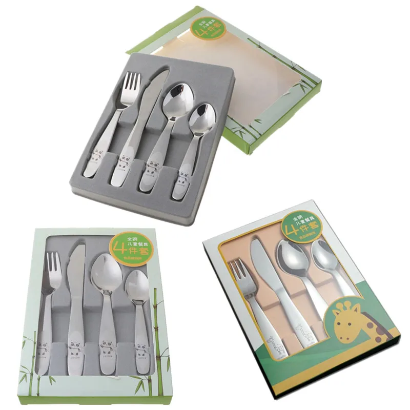 

4PCS/pack 304 Stainless Steel Kid Cutlery Cartoon Pattern Carving Children Tableware Western-style Spoon Fork Set Baby Flatware