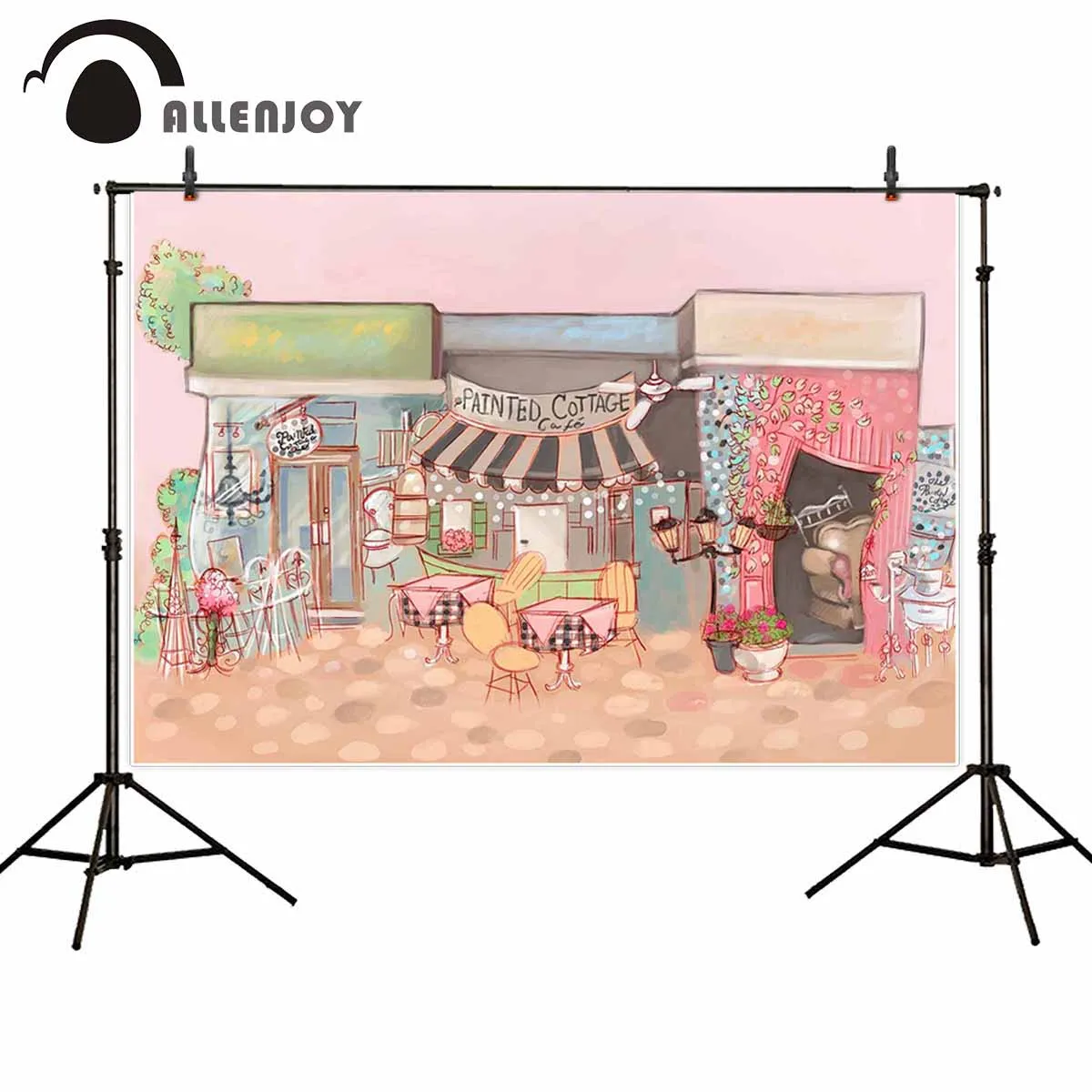 Allenjoy painted cottage coffee wallpaper backdrop watercolor candy bar shop house Photographic backgrounds party banner curtain |