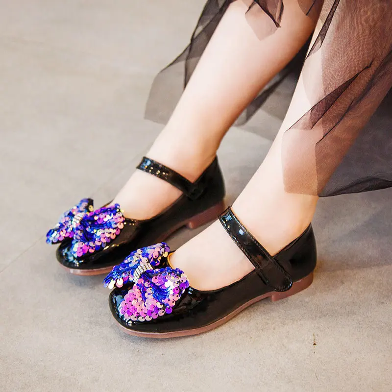 JGSHOWKITO Spring Autumn Kids Shoes For Girls Big Children Flats Mary Janes With Sequined Bow-knot Butterfly-knot Princess Sweet | Детская