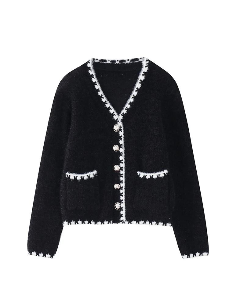 Женский вязаный кардиган с V-образным вырезом длинным рукавом |