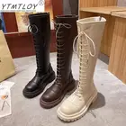 Новинка 2022, Женские однотонные сапоги до колена на шнуровке, женская модная обувь на толстой подошве и молнии, удобные женские сапоги