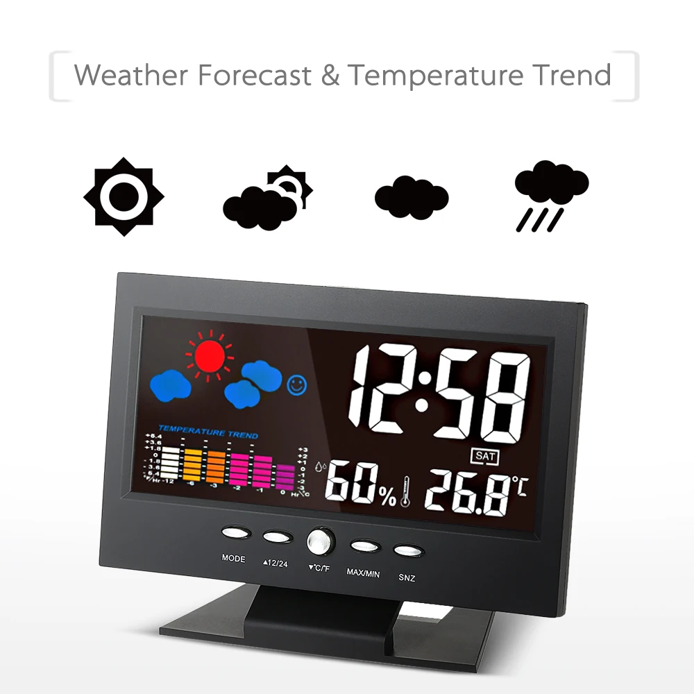 

°C/°F Multifunctional Indoor Colorful LCD Digital Temperature Humidity Meter Clock Thermometer Hygrometer Calendar Trend Alarm