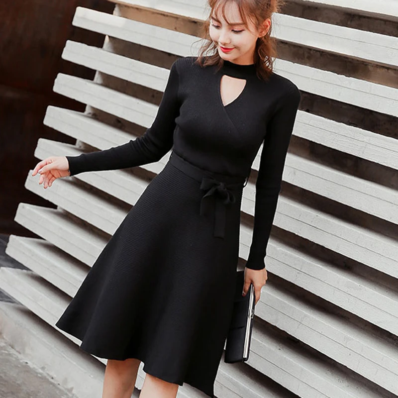 Корейское модное платье-свитер женские вязаные свитера платья с высокой талией