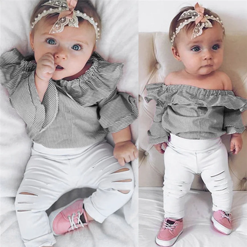 Модная одежда для девочек Одежда маленьких Топы в полоску Комбинезон с рваными