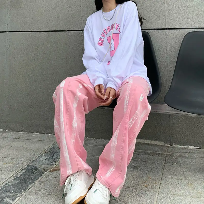 

2021 Women's jeans Pink Street-ink Straight Leg Jeans Hip Hop baggy wide leg jeans y2k jeans high waisted jeans vintage jeans