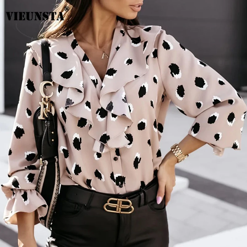 

Elegant Polka Dot Office Lady Ruffle Blouse Women 2020 Autumn Butterfly Long Sleeve Button Shirt Sexy Ruffled Neck Vintage Blusa