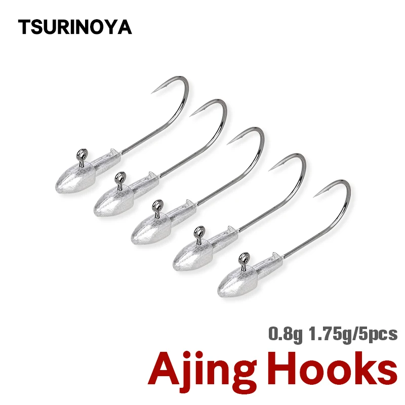 

TSURINOYA Light Game 5PCS AJING Fishing Hooks 0.8g 1.75g Soft Lure For Rockfish Bait Finesse Jig Head Worm Hook Ultralight Rod