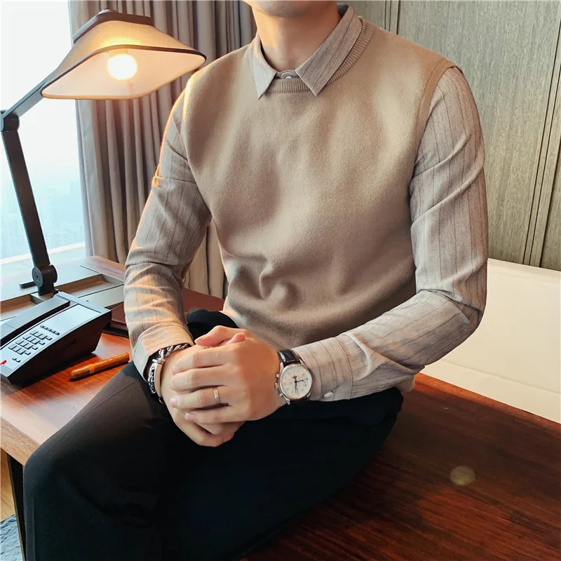 New Brand clothing Men High Quality Casual knit sweaters/Male slim fit Fake two piece knit shirts Striped shirt Plus size S-4XL