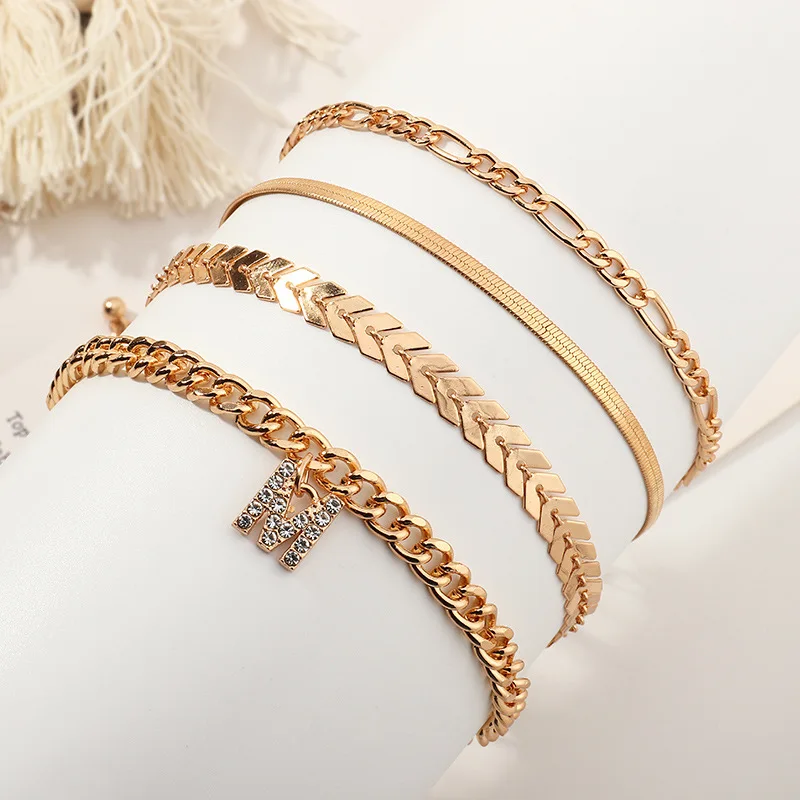 

YUNAO Boutique Jewelry New Creative Metal Claw Chain 4 Combination Simple Diamond Letter K Anklet Summer All-Match Ornament