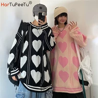 girls pullover sweater fashion long sleeve autumn winter jumper harajuku kawaii loose colour block heart shaped couples knitwear