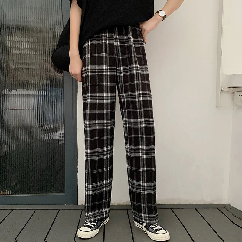 

Cropped Pants Spring and Autumn Small Lattice Loose Pants High Waist Slimming Draping Eighth Black Straight-leg Pants