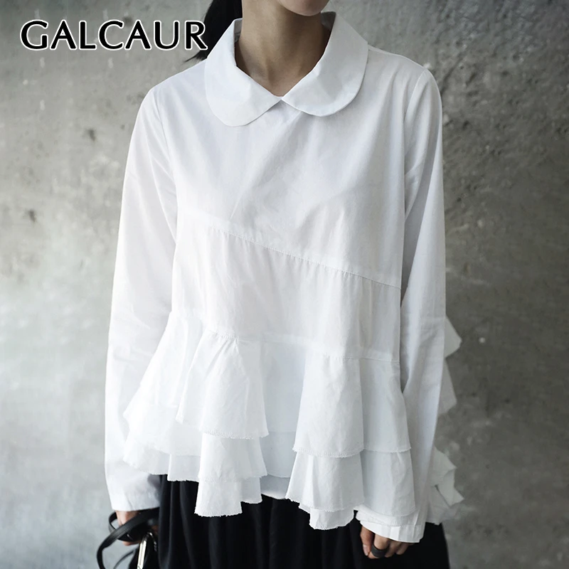 GALCAUR/корейские женские рубашки с рюшами воротник лацканами длинный рукав белые