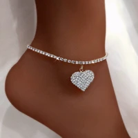 boho heart summer anklets for women bling rhinestone tennis chain love ankle bracelets foot jewelry summer beach anklet on leg