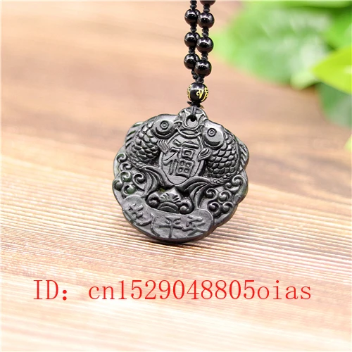 Natural Black Green Chinese Jade Fish Pendant Obsidian Pisces Necklace Charm Jewelry Accessories Carved Amulet Gifts for Men | Украшения и