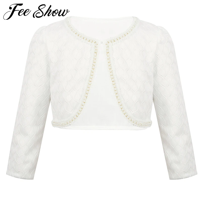 

Baby Girl Long Sleeve Lace Beaded Bolero Shrug Cardigan Top Short Jacket For Wedding Dress Party White Girls Clothes Outerwear