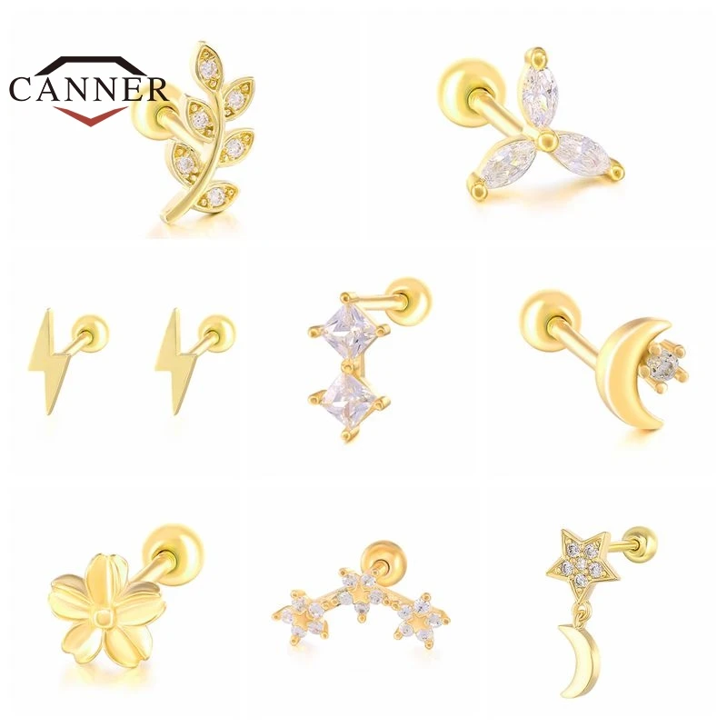 

1PC Leaf/Flower/Moon 925 Sterling Silver Cartilage Ear Stud Crystal Zircon Earrings for Women Small Studs Piercing Jewelry