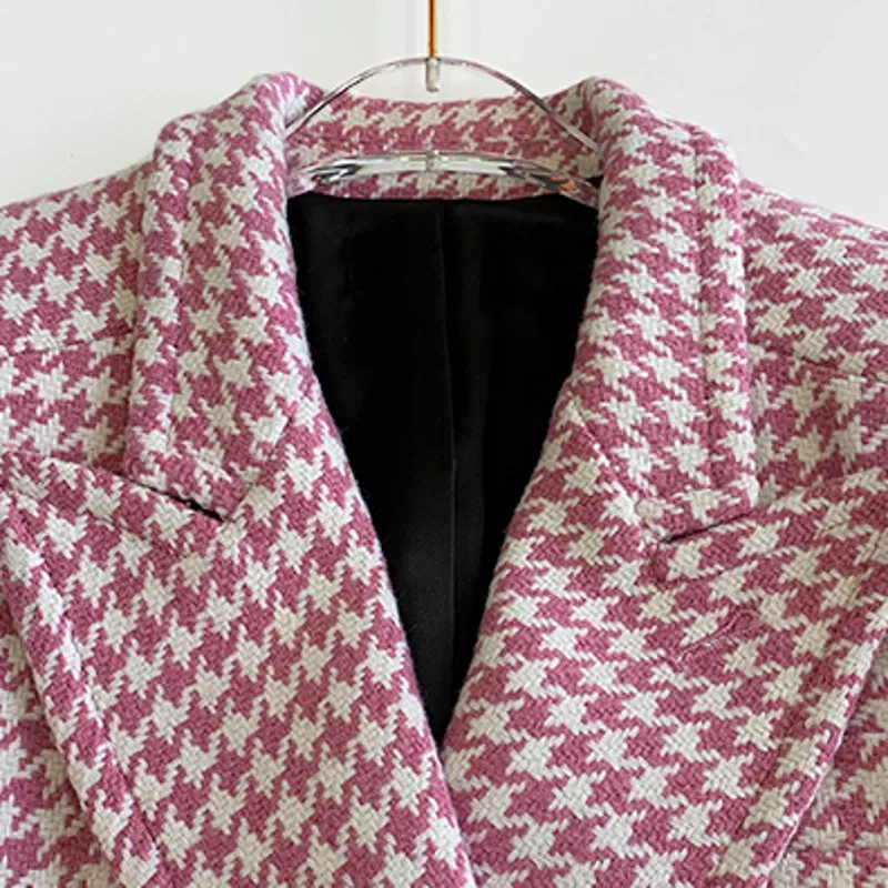 

2021 Winter New Sweet Coat Plaid Spliced Pockets Cotton Turn-Down Collar Slim Double Breasted Fashion Womens Tweed Outerwear