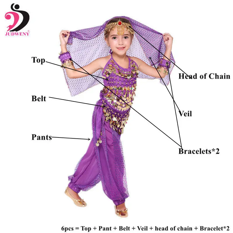 Purple 6pcs Детский набор костюма для танца живота Индийский Болливуд Восточный Египетский танец живота юбка для девочек танец живота топ брюки хип шарф - Цвет: Purple 6pcs