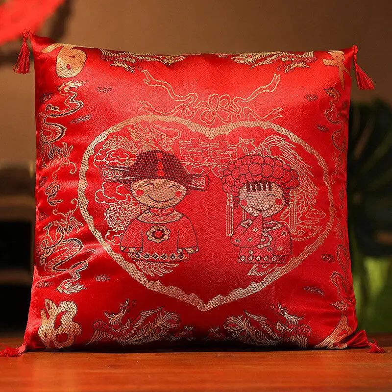 

New Year festive wedding wedding pillow embroidered satin sofa cushion red wedding bed cross stitch blessing pillow core