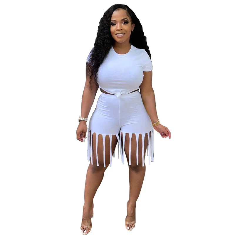 

Adogirl S-5XL Women Solid Two Piece Set Short Sleeve T-shirt Crop Top Tassel Shorts Casual Active Fitness Suit Female Outfits