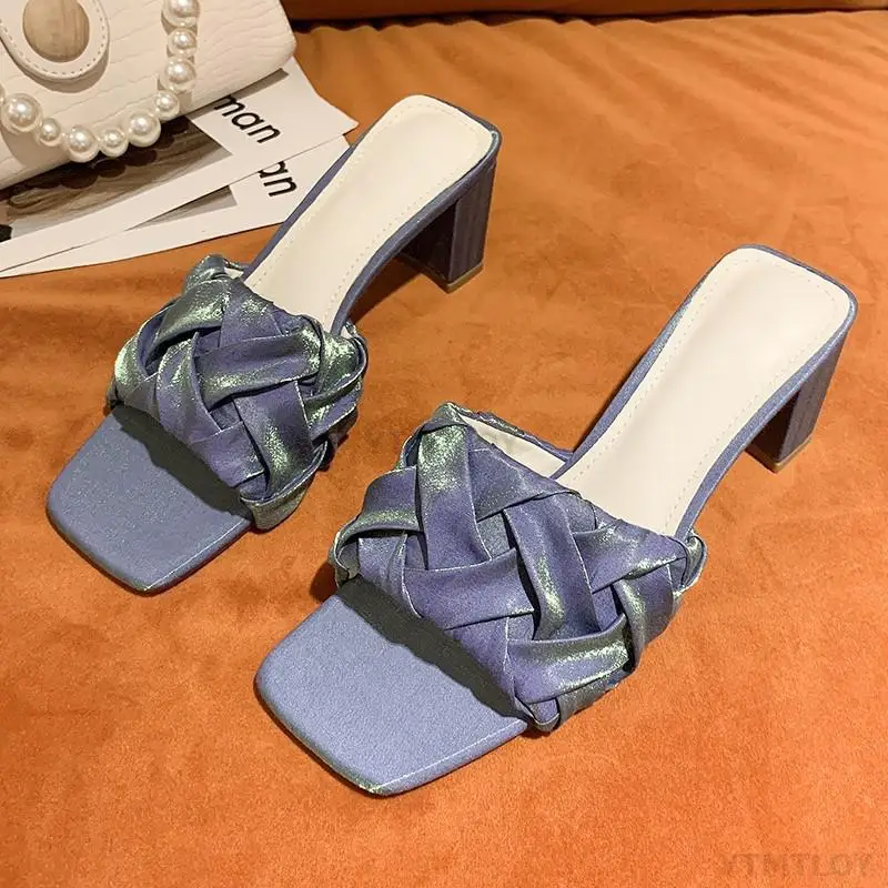 

New 2021 Weave Summer Slippers Woman Ladies Sandals Indoor Ytmtloy Slides Square Heel Zapatillas Mujer Casa House Sapato