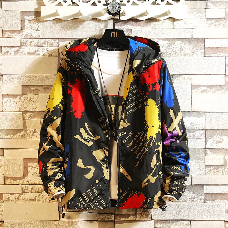 NEW printing Casual Jacket Men Hip Hop Spring Autumn Male Windbreaker Hooded Coat Bomber Outwear Plus size | Мужская одежда