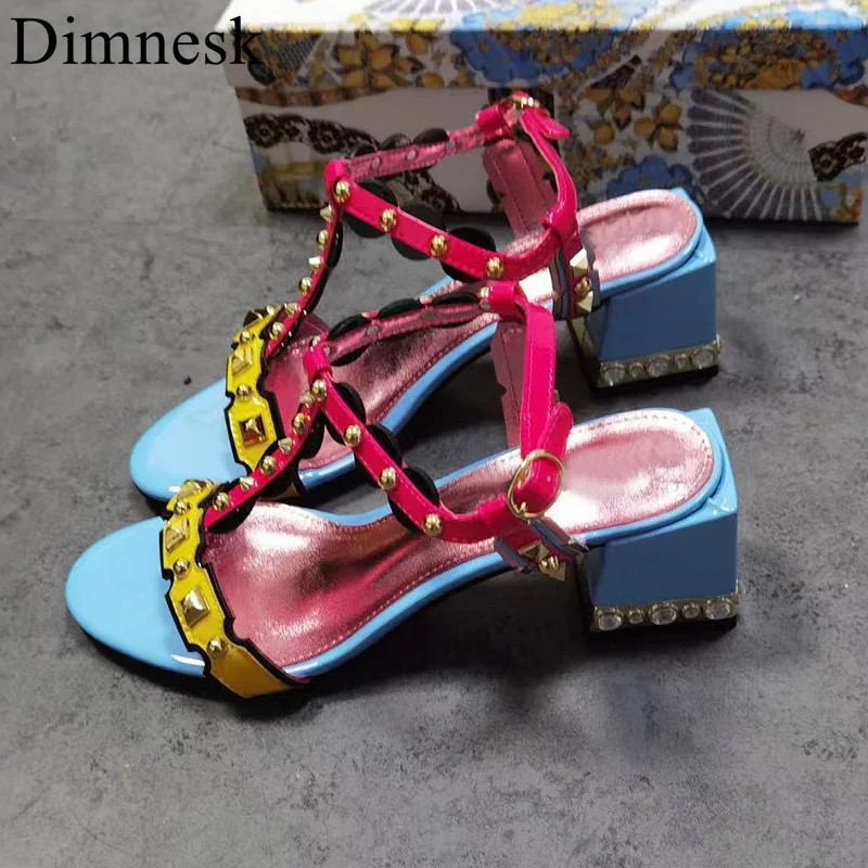 

Colorful Rhinestone Chunky High Heel Sandals Women Narrow Band Rivet Decor Sandalias Summer Elegant Party Dress Shoes For Ladies