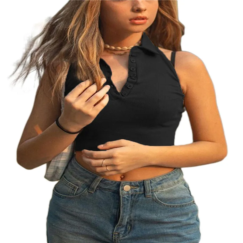 

New Womens Fashion Solid Color Buttons Lapel Tank Top Sexy Backless Exposed Navel Halter Camisole Summer Slim Vest