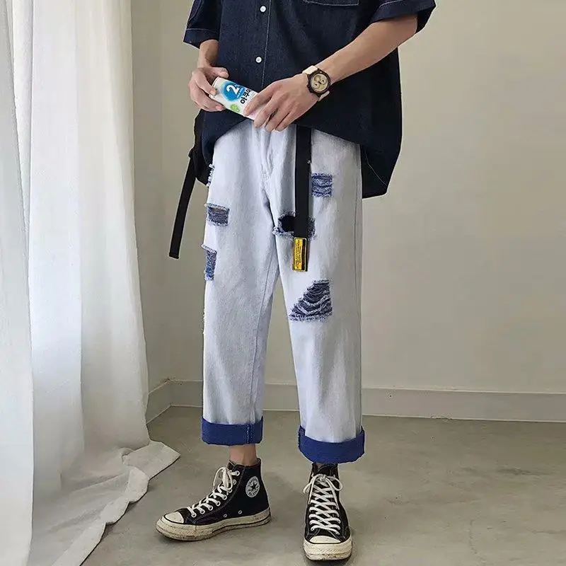 

Summer 2020 casual men's denim jeans straight harem pants cropped pants overalls youth popular daily loose pants men