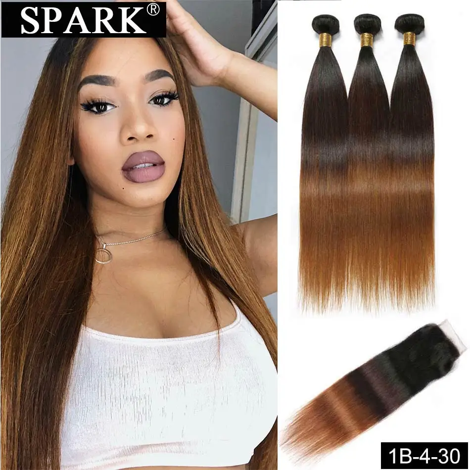 Spark Ombre 3/4 пучки с закрытием перуанские прямые человеческие волосы пучки с кружевной застежкой Средняя/свободная часть парик из волос Реми