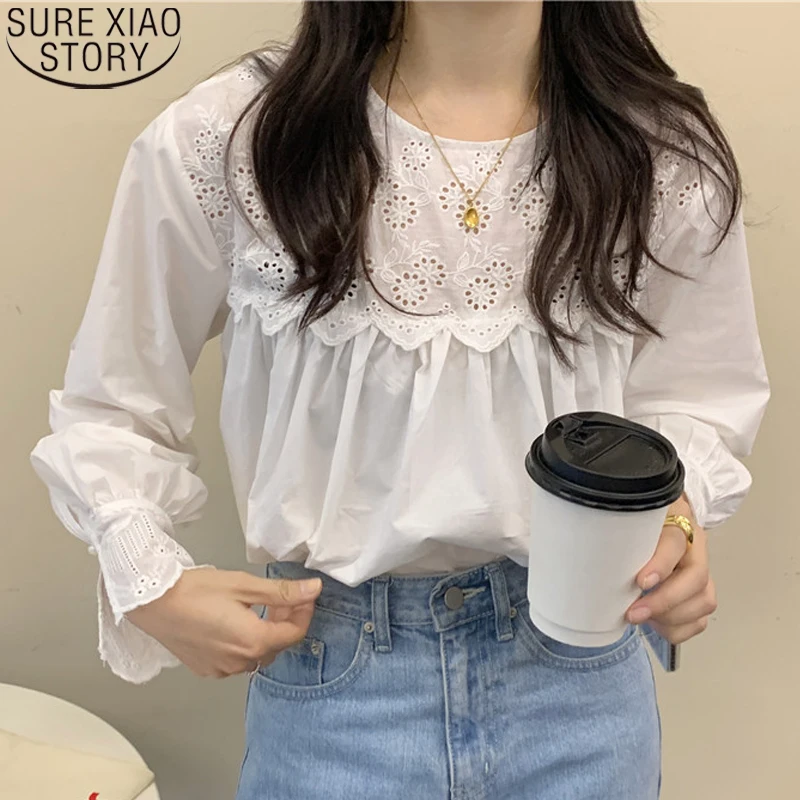 

White Embroidery Shirts Women Blouses Hollow-out Tops Floral O-neck Korean Sweet Lace Stitching Long Sleeve Shirt Blusas 10839