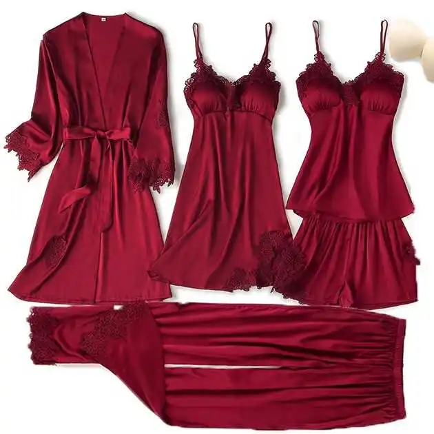 

Pajama Set Women Lace Trim Satin Sleepwear Pyjamas Pour Femme Summer Nightwear With Pants Casual Home Wear Kimono Robe Gown PJS