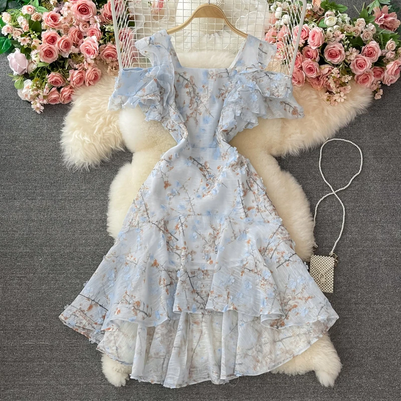 

Uulutonica Summer Women Asymmetrical Floral Ruffles Knee-length Short Butterfly Sleeve Empire Square Collar Strapless Dress