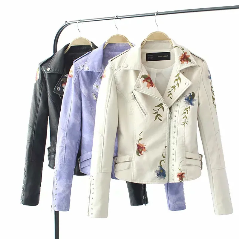 Винтажная куртка из искусственной кожи с цветочной вышивкой Женская байкерская