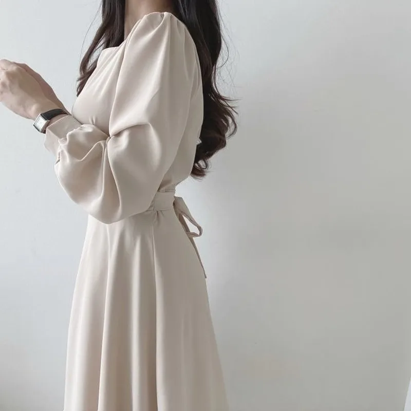 

KUSAHIKI Elegant V-neck 2021 Spring New Women Dress Korean Lace Up Slim Waist A-line Dresses Causal Long Sleeve Vestidos 6F698