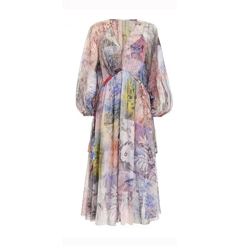 

Trendy Floral Print Ruffle Dress women V-neck Loose Irregular Oversized Long Sleeve transparent Dresses vestidos streetwear