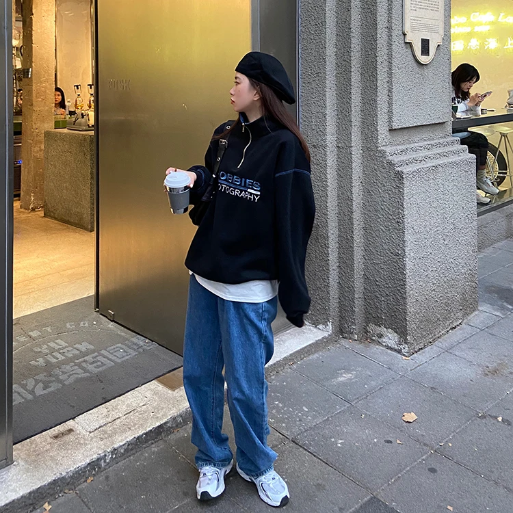 

2 colors winter 2020 preppy style Women Sweatshirts Long Sleeve letter embroidery thick warm Sweatshirt Womens pullovers (F4193