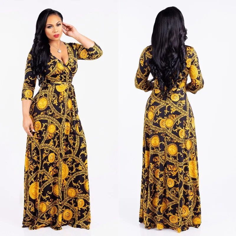 

Women's Sexy V-Neck Seven-Sleeve Polyester Exquisite Casual Dress Printed Plus Size Party Elegant Dress Wholesale Dropshpping