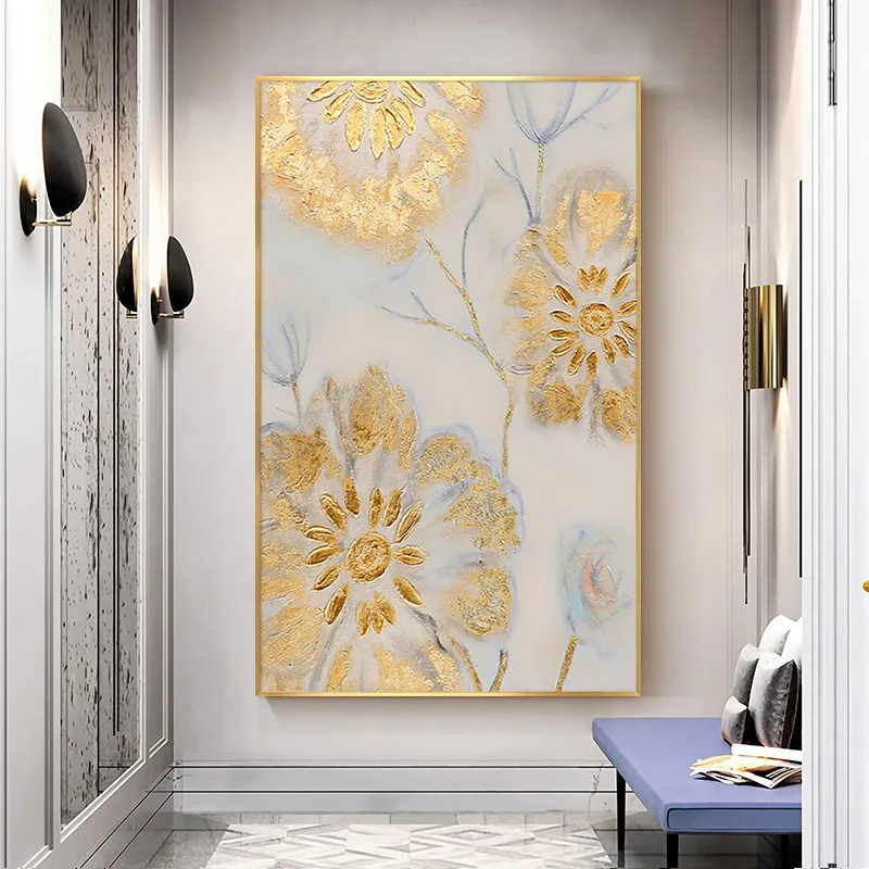 

Flowers Hand-painted Oil Painting Decorative Modern Light Luxury Home Entrance Hallway Hallway Mural Paintings Vertical Ver Gold